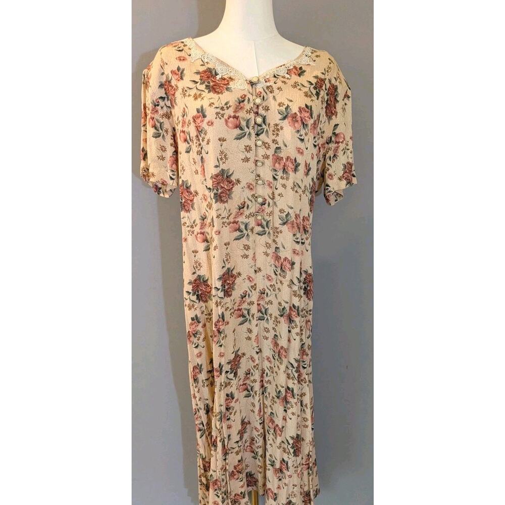 Vintage Prairie Floral Midi Dress Cottagecore Lace Trim Beige Pink Collar Lace